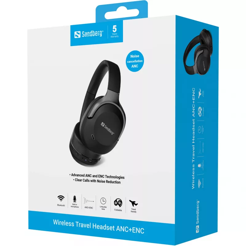 Sandberg Wireless Travel Headset ANC+ENC, langaton, puhelut/musiikki, 228 g, kuulokemikrofoni, musta
