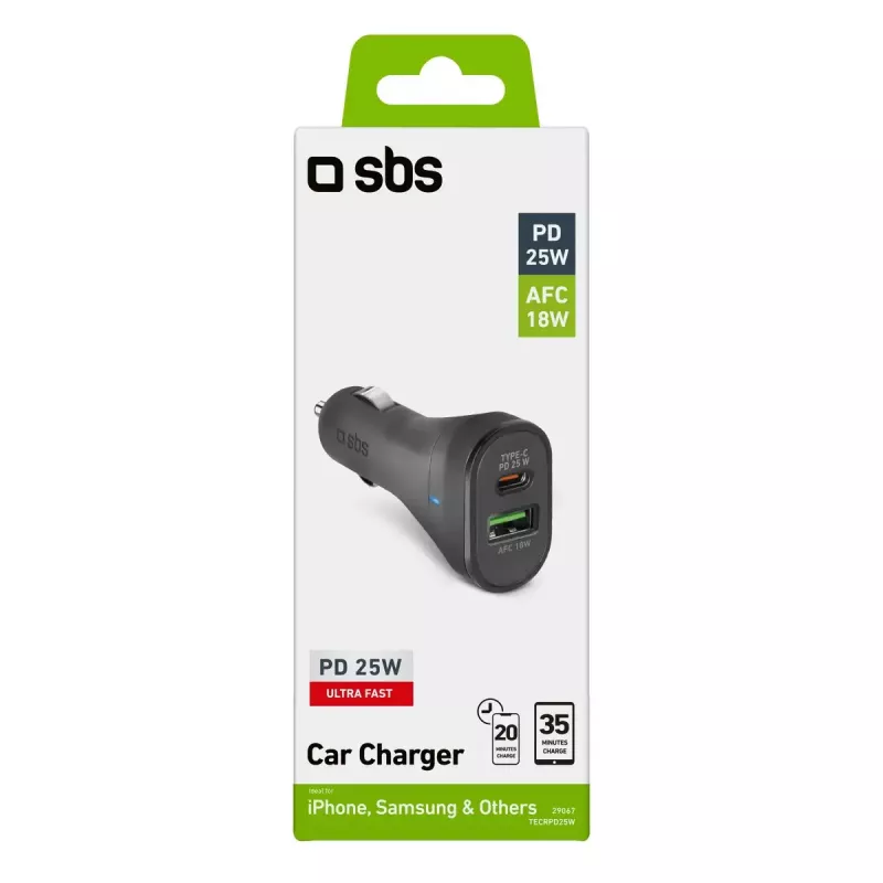 SBS TECRPD25W autolaturi, 25 W, USB-A + USB-C, Power Delivery, musta