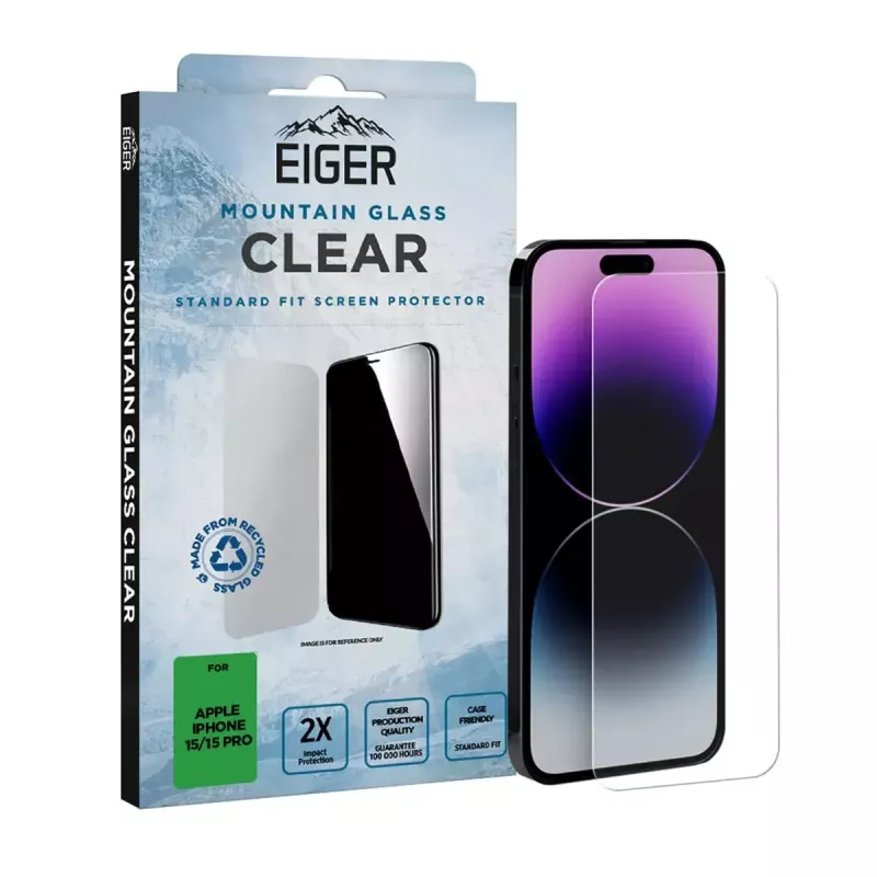 Näytönsuojakalvo EIGER Mountain Glass Clear iPhone 15/15 Pro karkaistu lasi