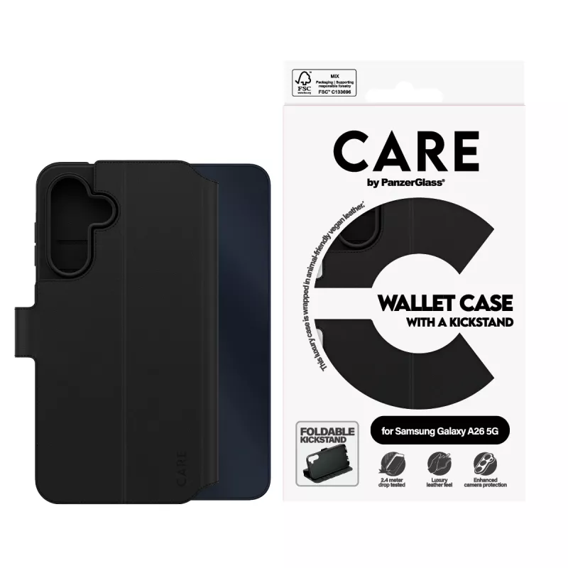 Wallet Case PanzerGlass Samsung Galaxy A26 5G musta kickstandilla