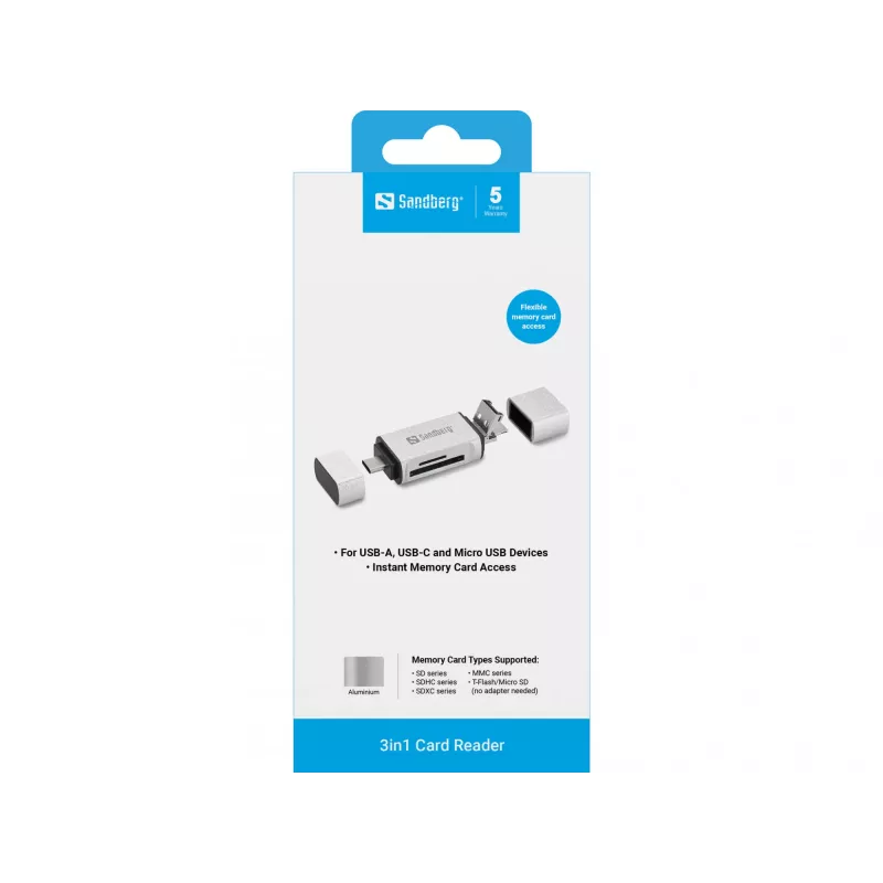 Sandberg kortinlukija USB-C+USB+MicroUSB