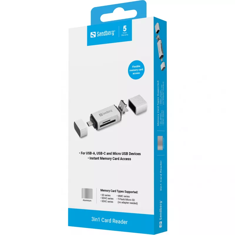 Sandberg kortinlukija USB-C+USB+MicroUSB