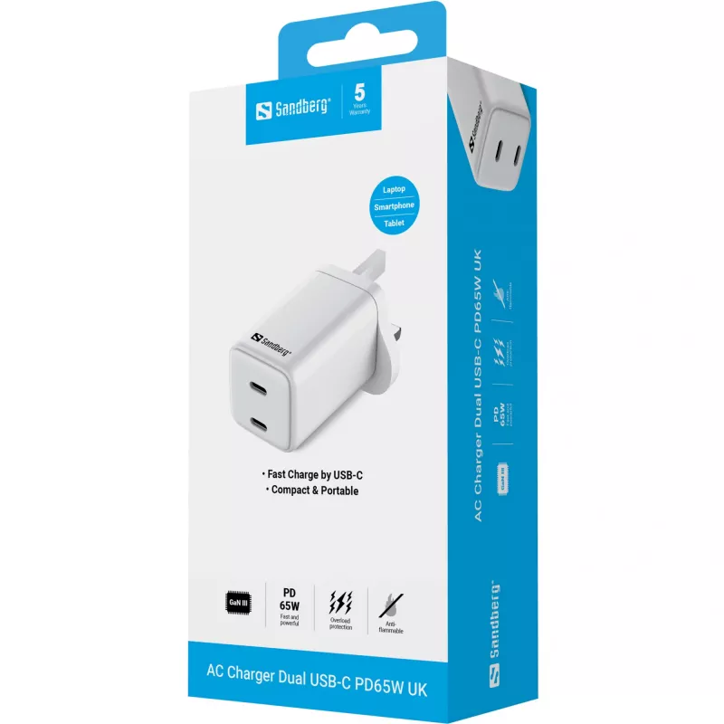 AC-laturi SANDBERG Dual USB-C PD65W UK 441-62 — dual USB-C PD 65W, UK-pistoke