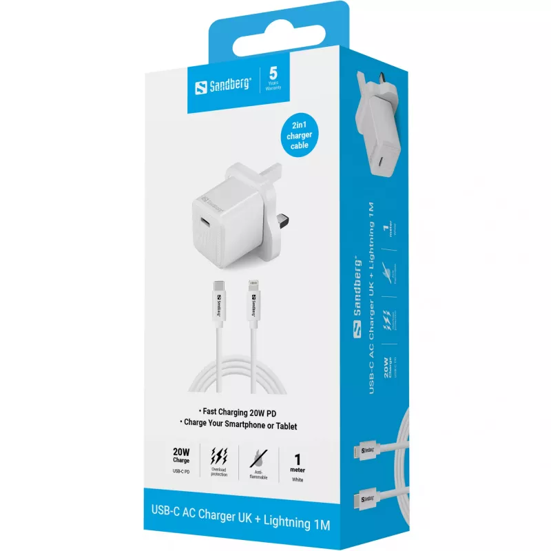 USB-C-laturi SANDBERG 441-64 20W UK-pistoke – nopea lataus USB Power Deliveryllä