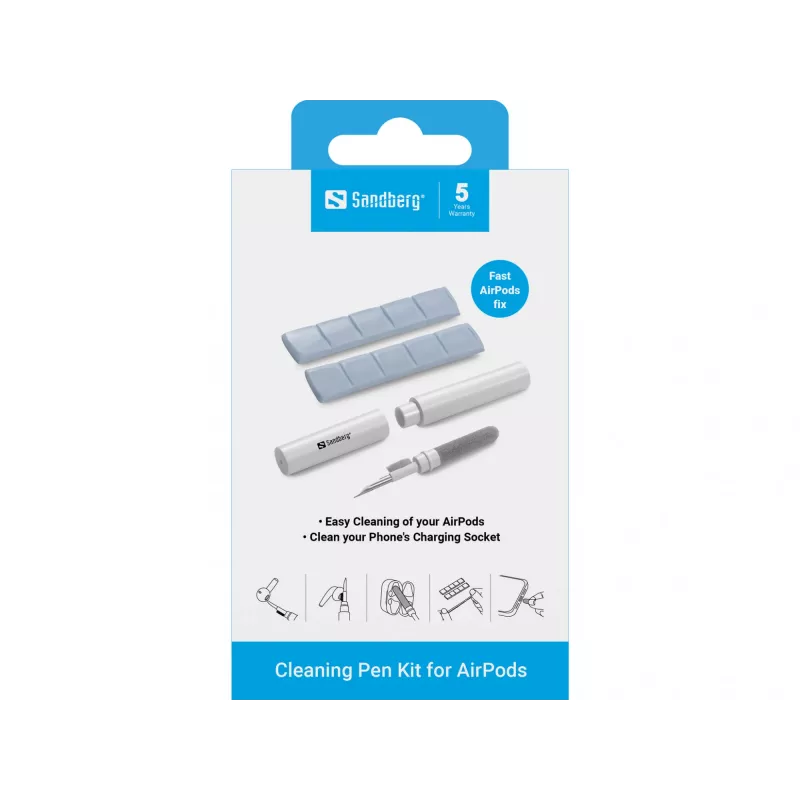 Puhdistussarja Sandberg Cleaning Pen Kit Airpodsille harmaa valkoinen