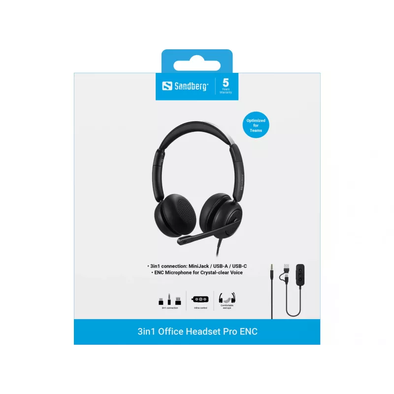 Sandberg 3in1 Office Headset Pro ENC -kuulokemikrofoni, johdollinen, 20-20000 Hz