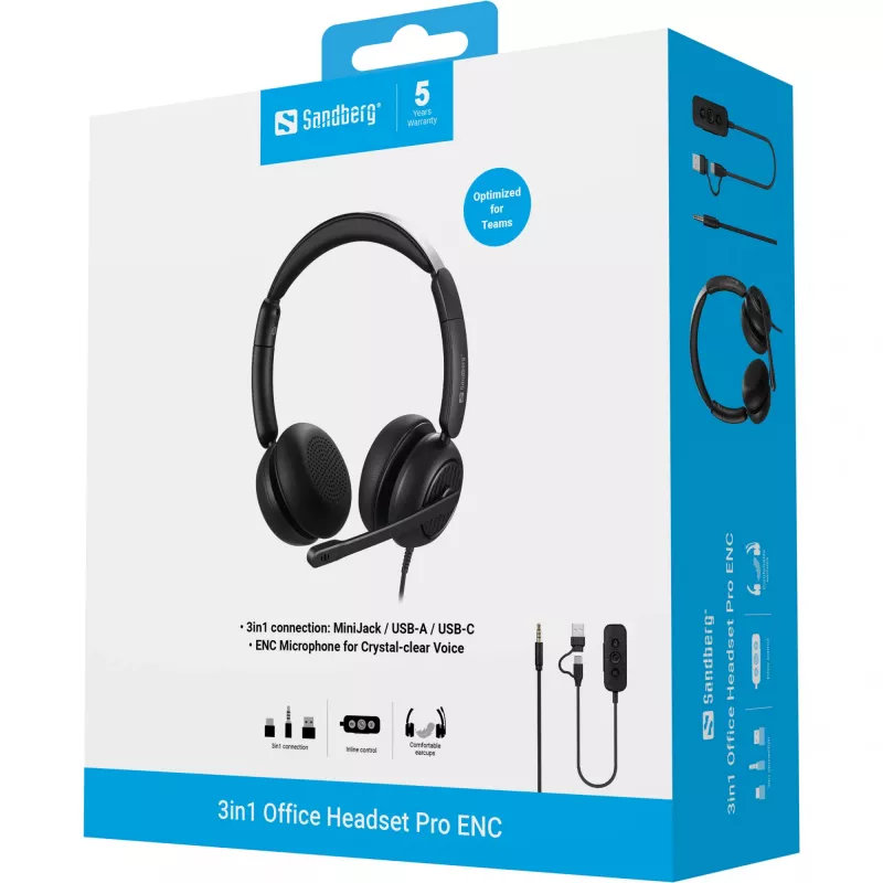 Sandberg 3in1 Office Headset Pro ENC -kuulokemikrofoni, johdollinen, 20-20000 Hz