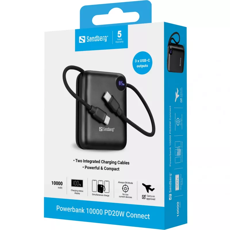 Sandberg Powerbank 10000 PD20W Connect kannettava laturi, 10000 mAh