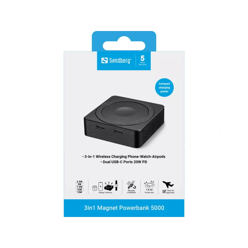 Sandberg 3in1 Magnet Powerbank 5000 kannettava akku, 5000 mAh