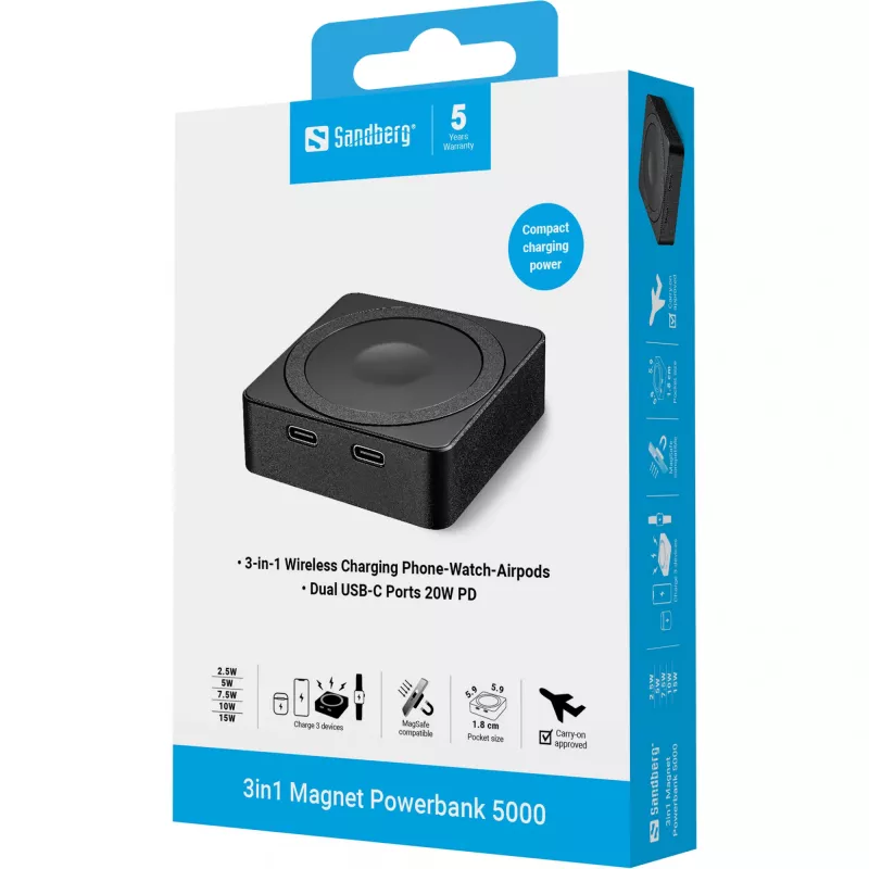 Sandberg 3in1 Magnet Powerbank 5000 kannettava akku, 5000 mAh