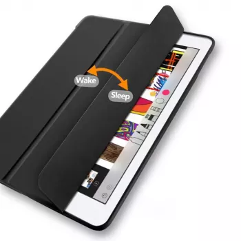 eSTUFF DENVER folio-kotelo iPad 9.7 2018/2017 – musta PU-nahka/läpinäkyvä