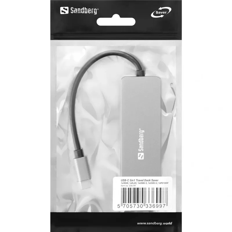 Sandberg 336-99 USB-C 5in1 Travel Dock Saver telakointiasema, 4K HDMI, Gigabit Ethernet RJ45, 2x USB 3.0, USB-C PD 100W, alumiini