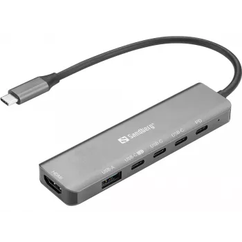 Telakkakeskitin SANDBERG USB-C 6-in-1 MediaDock — USB 3.2 Gen 1 Type-C 10 Gbit/s, 4K HDMI, PD jopa 100 W, 1×USB-A, 1×USB2.0, harmaa