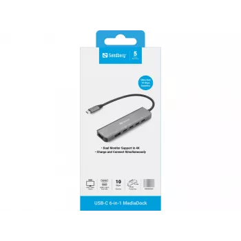 Telakkakeskitin SANDBERG USB-C 6-in-1 MediaDock — USB 3.2 Gen 1 Type-C 10 Gbit/s, 4K HDMI, PD jopa 100 W, 1×USB-A, 1×USB2.0, harmaa