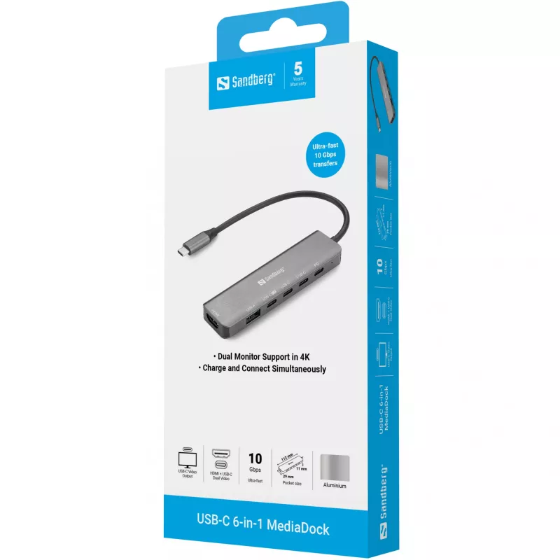 Sandberg 136-77 USB-C 6-in-1 MediaDock telakointiasema, HDMI + USB-C-video, kaksois-4K@60Hz, USB-A/USB-C 10 Gbps, PD 100W, alumiini