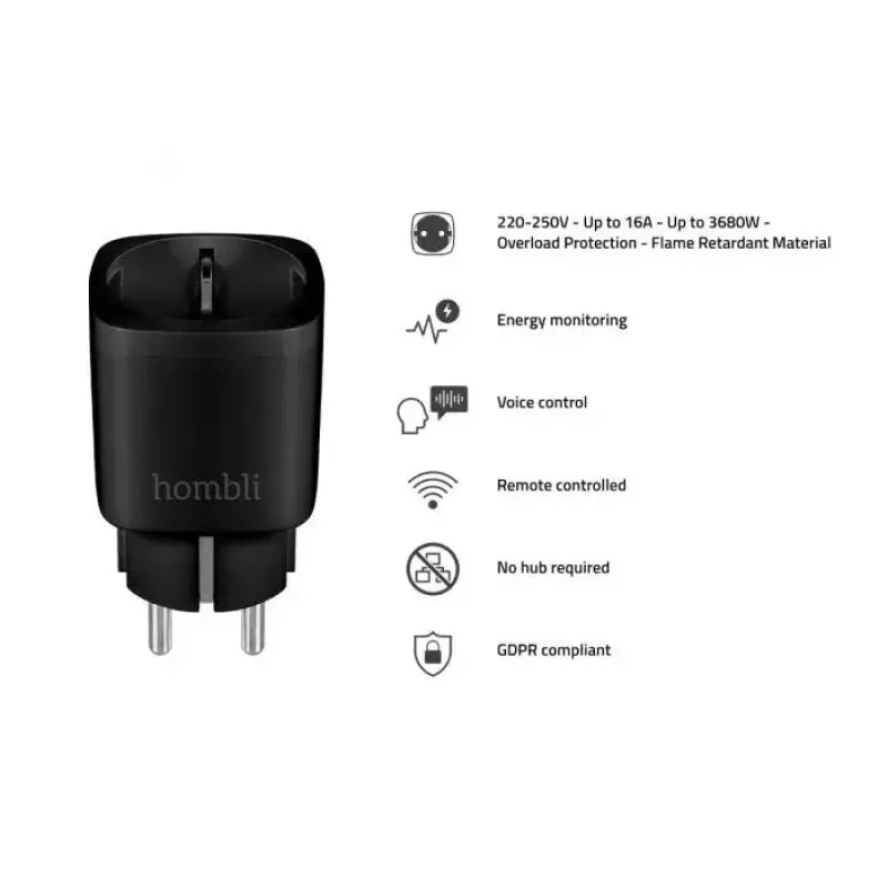 Hombli älypistorasia HBPP-0205, 3680 W, sisäkäyttöön, musta, 2+1-tarjouspakkaus (3 kpl)