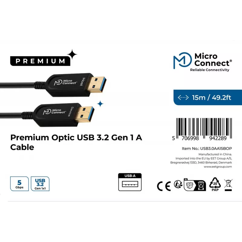 Microconnect USB3.0AA15BOP USB-kaapeli USB 3.2 Gen 1 (3.1 Gen 1) 15 m USB A musta