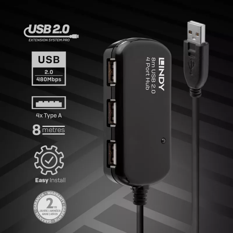 Lindy 8 m USB 2.0 Active Extension Pro -keskitin