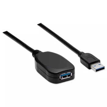 Manhattan USB-A - USB-A -jatkokaapeli, 5 m, uros-naaras, aktiivinen, 5 Gbit/s (USB 3.2 Gen1, tunnetaan myös nimellä USB 3.0), sisäänrakennettu toistin, SuperSpeed USB, musta, kolmen vuoden takuu, vastaa USB2AAEXT5M.