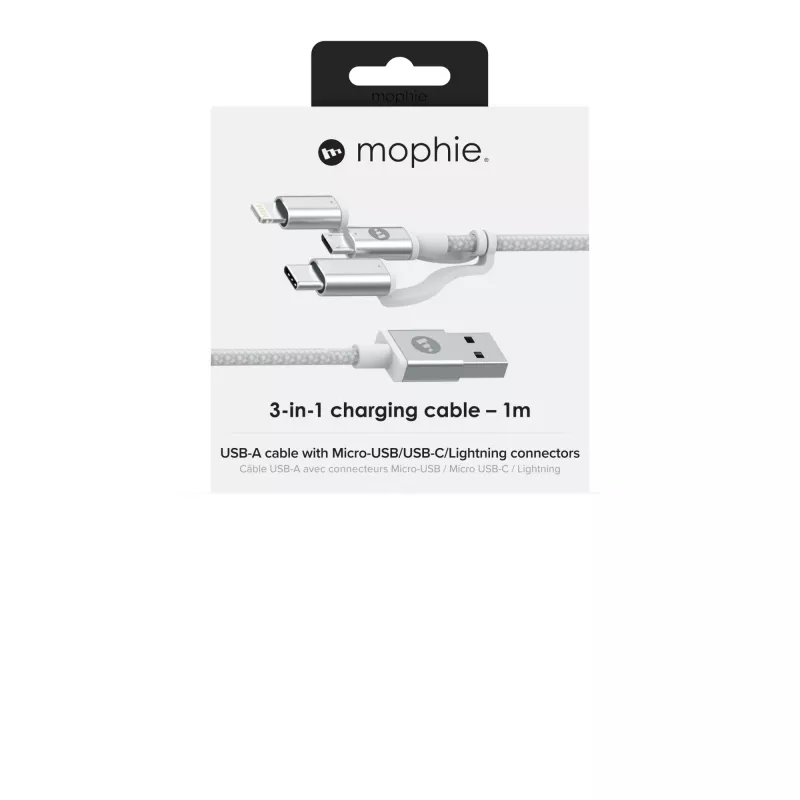 mophie lataus- ja synkronointikaapeli – USB-A - Micro/USB-C/LTG – 1 m – valkoinen
