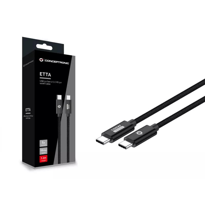 Conceptronic ETTA02B12 USB 3.2 Gen 2 C-C PD 3.0 100W -kaapeli 1,2 m, 20 V 5 A, 10 Gbit/s, E-Mark