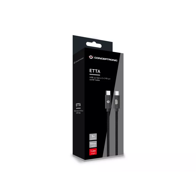 Conceptronic ETTA02B12 USB 3.2 Gen 2 C-C PD 3.0 100W -kaapeli 1,2 m, 20 V 5 A, 10 Gbit/s, E-Mark