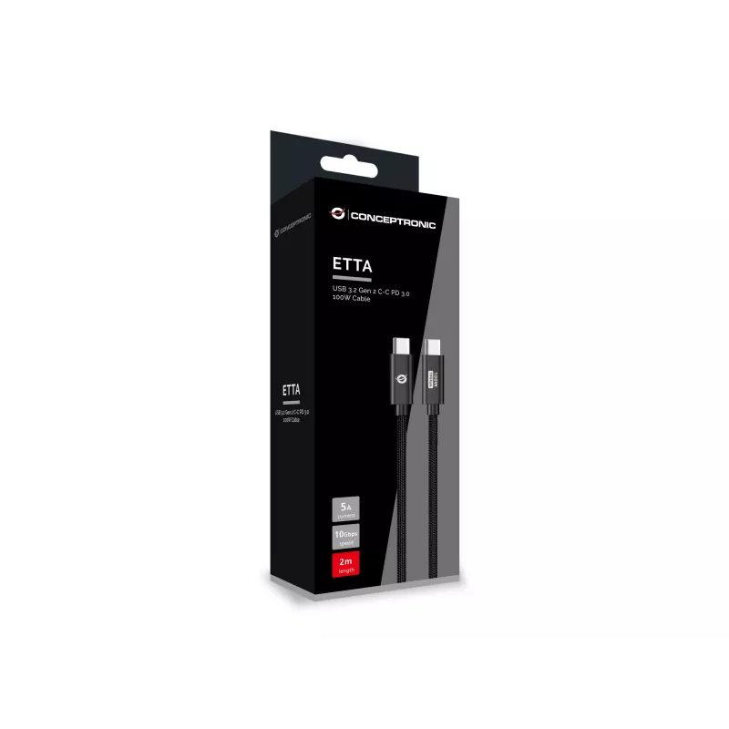 Conceptronic ETTA02B20 USB 3.2 Gen 2 C-C PD 3.0 100W -kaapeli 2M, 20V 5A, 10Gbps, E-Mark