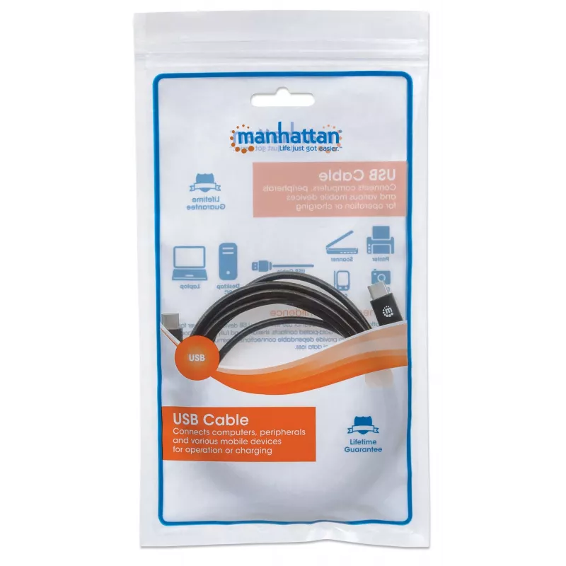 Manhattan USB-C - USB-C -kaapeli, 2 m, uros-uros, musta, 480 Mbit/s (USB 2.0), 3 A, Hi-Speed USB, elinikäinen takuu, vastaa USB2CC2M