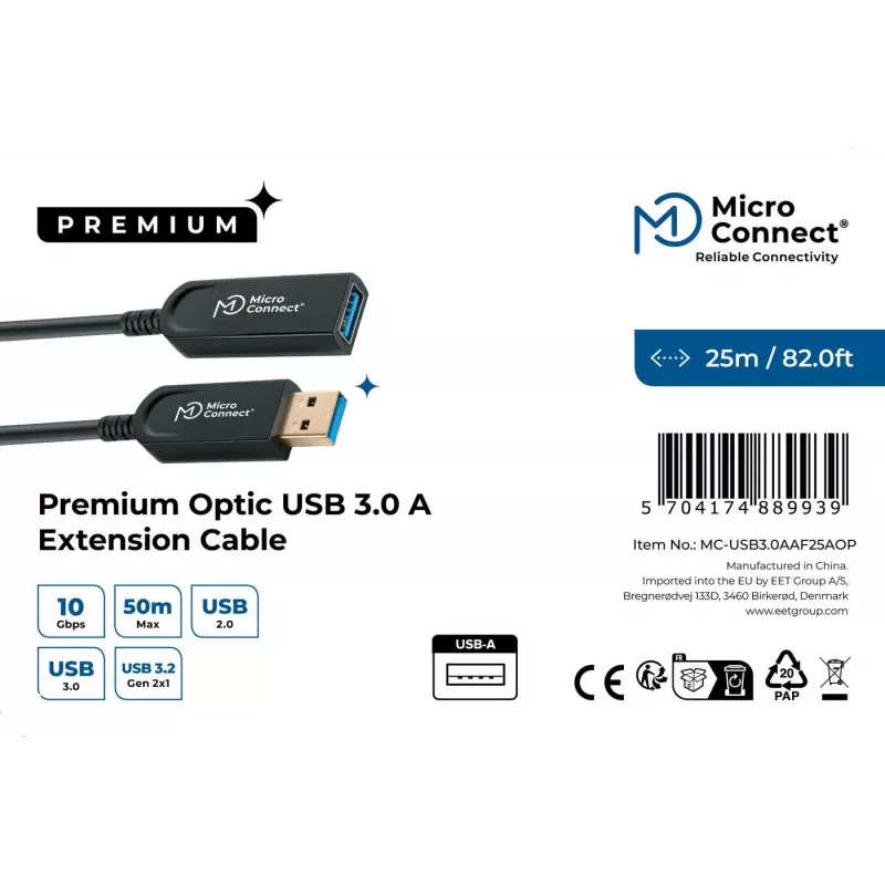 Microconnect MC-USB3.0AAF25AOP USB-kaapeli USB 3.2 Gen 2 (3.1 Gen 2) 25 m USB-A musta
