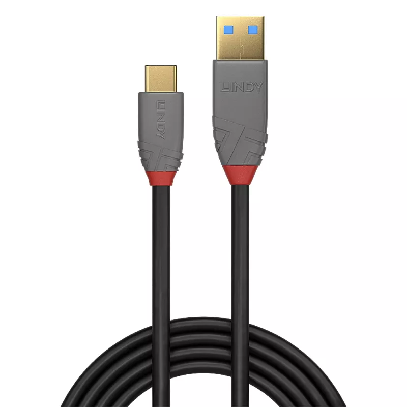 Lindy 1 m USB 3.2 Type-A - Type-C -kaapeli, 10 Gbit/s, 5A, PD, Anthra Line