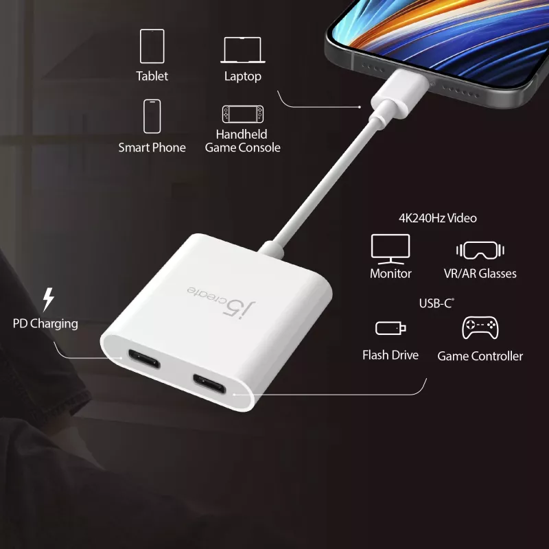 USB-C–dual-USB-C-sovitin j5create JCA164-N 3840x2160 240 Hz