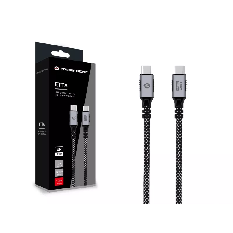CONCEPTRONIC USB-C–USB-C-kaapeli ETTA07B12 – USB 3.2 Gen 2x2, 1,2 m, 20 Gbps, PD 3.0 100 W (20 V/5 A), 4K60Hz, musta, E-Mark