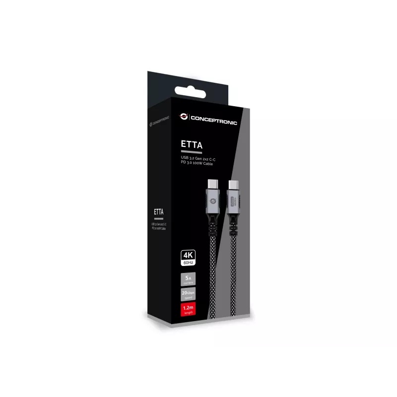 CONCEPTRONIC USB-C–USB-C-kaapeli ETTA07B12 – USB 3.2 Gen 2x2, 1,2 m, 20 Gbps, PD 3.0 100 W (20 V/5 A), 4K60Hz, musta, E-Mark