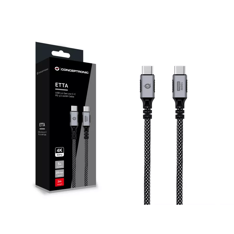 USB-C - USB-C -kaapeli CONCEPTRONIC ETTA07B20 — USB 3.2 Gen 2x2, 2 m, 20 Gbps, PD 3.0 100W (20V 5A), 4K@60Hz, E-mark