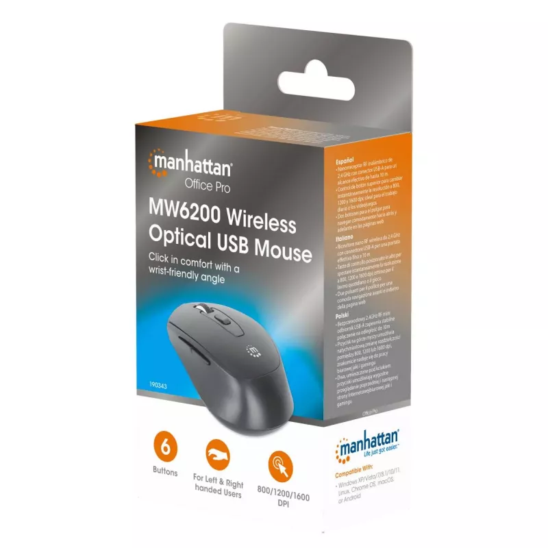 Manhattan MW6200 langaton hiiri, USB-A-nanovastaanotin, musta