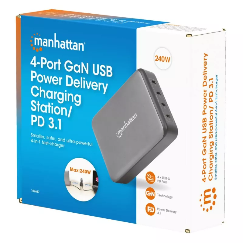 Manhattan 102667 4-porttinen GaN USB Power Delivery -latausasema, 240 W
