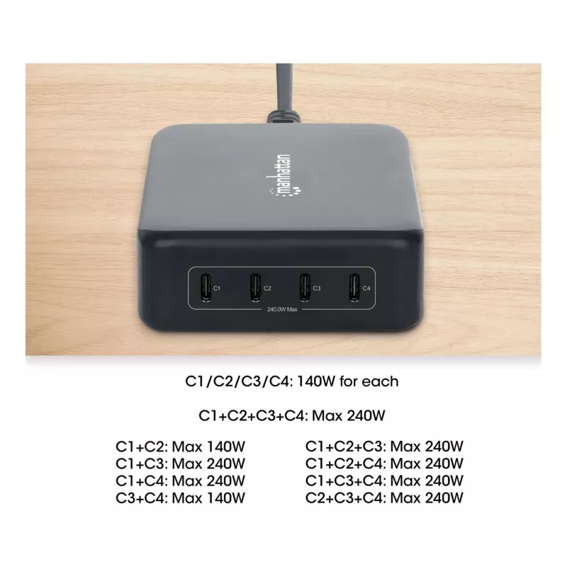 Manhattan 102667 4-porttinen GaN USB Power Delivery -latausasema, 240 W