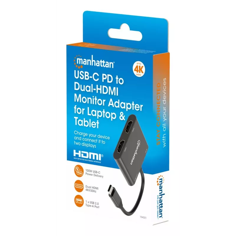 Moniporttisovitin Manhattan 154321 USB Type-C–2 HDMI USB-A Power Delivery 100 W