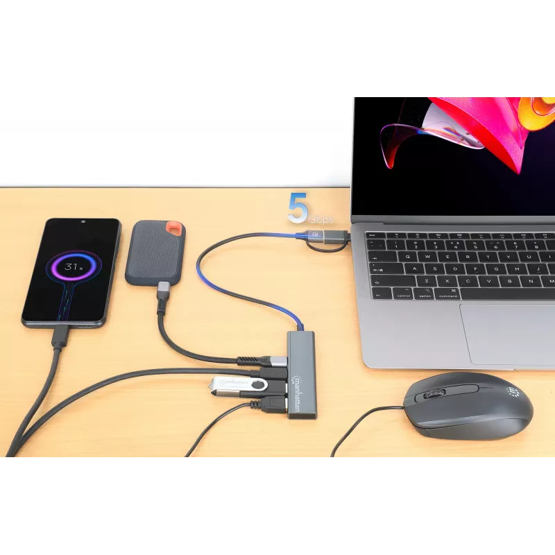 USB-C & USB-A combo-telakka/keskitin Manhattan 4 porttia 5 Gbps alumiini