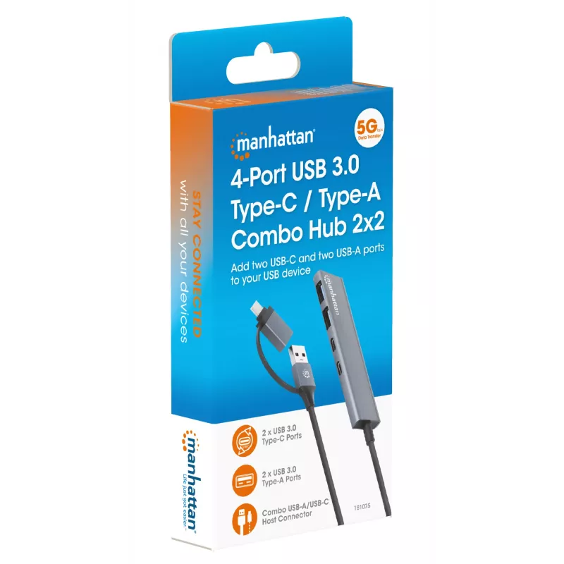 USB-C & USB-A combo-telakka/keskitin Manhattan 4 porttia 5 Gbps alumiini