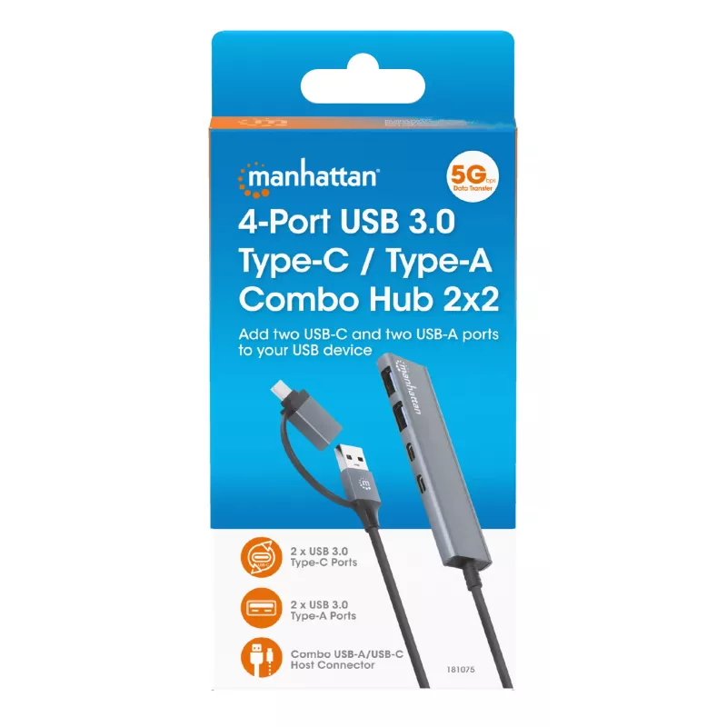 USB-C & USB-A combo-telakka/keskitin Manhattan 4 porttia 5 Gbps alumiini