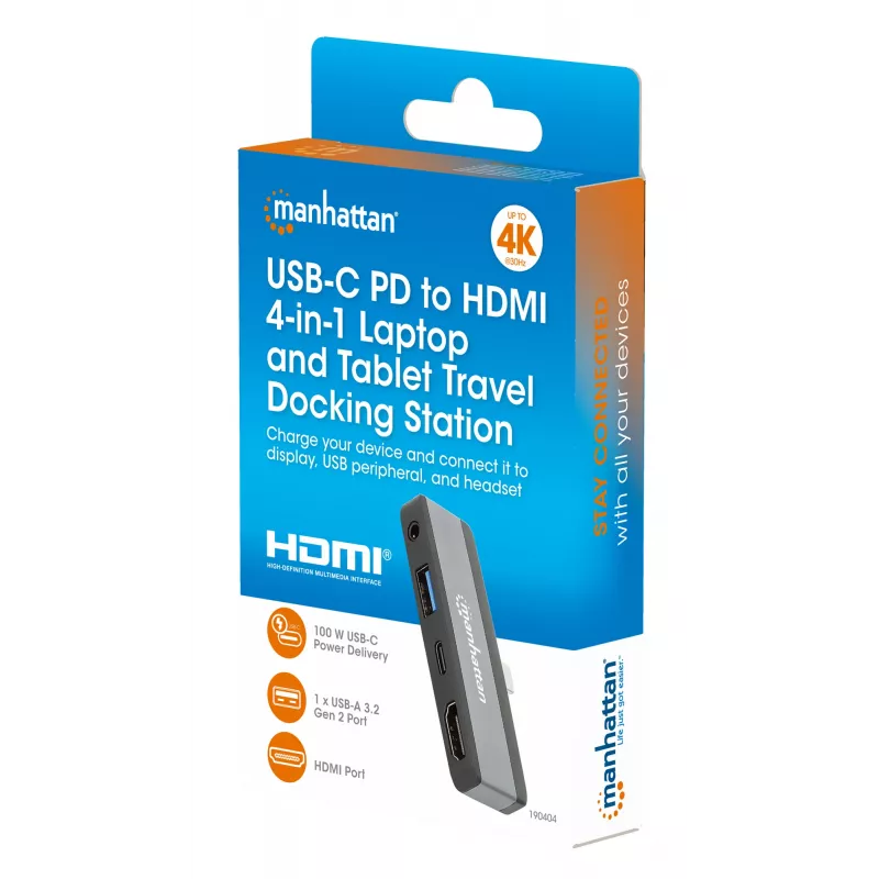 USB-C-matkatelakka Manhattan 190404 4 porttia HDMI USB-A USB-C 3,5 mm