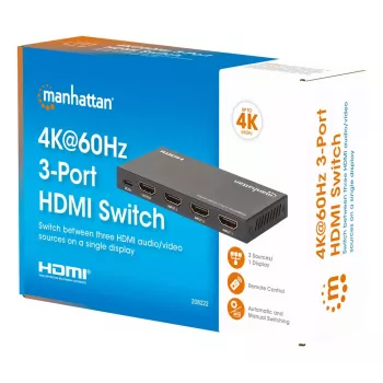 HDMI-kytkin 3x1 MANHATTAN 18G automaattinen manuaalinen IR-kaukosäädin musta