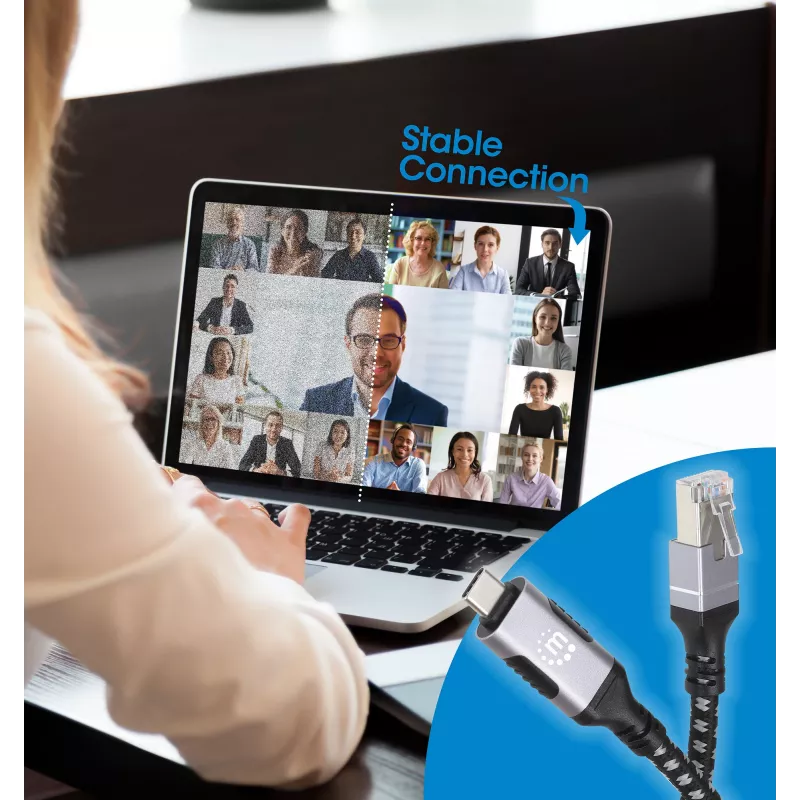 Manhattan USB-C Gigabit-verkko Ethernet RJ45 -kaapeli 2 m musta/hopea