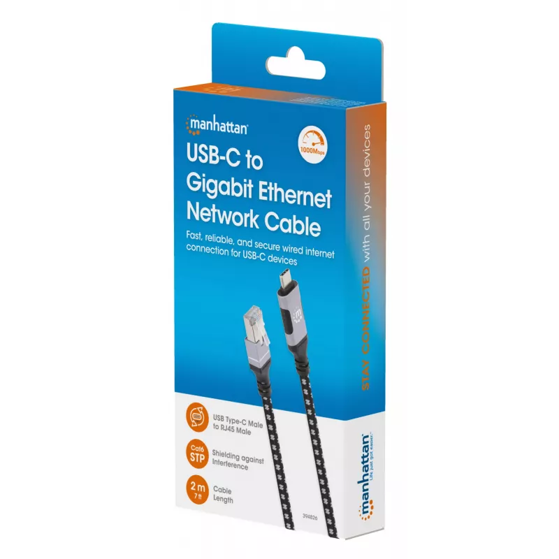 Manhattan USB-C Gigabit-verkko Ethernet RJ45 -kaapeli 2 m musta/hopea