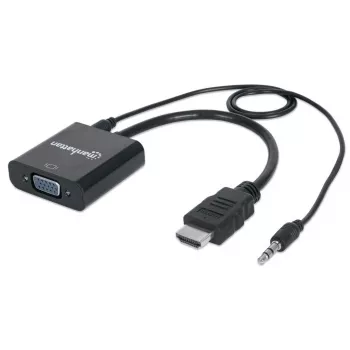 Manhattan HDMI-VGA-muunninkaapeli (äänellä), 1080p, 30 cm, uros-naaras, Micro-USB-virtatulo lisävirtaa varten tarvittaessa, musta, kolmen vuoden takuu