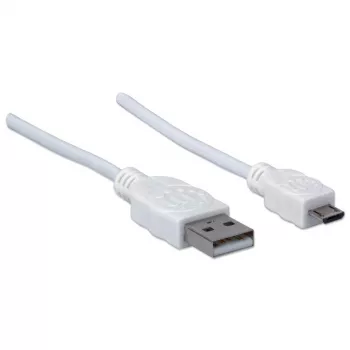 Manhattan USB-A-Micro-USB-kaapeli, 1 m, uros-uros, valkoinen, 480 Mbit/s (USB 2.0), Hi-Speed USB, elinikäinen takuu, vastaa USBPAUB1MW.