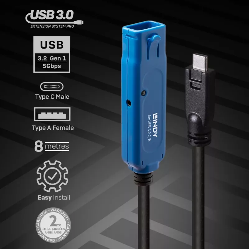 Lindy 43381 USB-kaapeli USB 3.2 Gen 1 (3.1 Gen 1) 8 m USB C USB A musta, sininen
