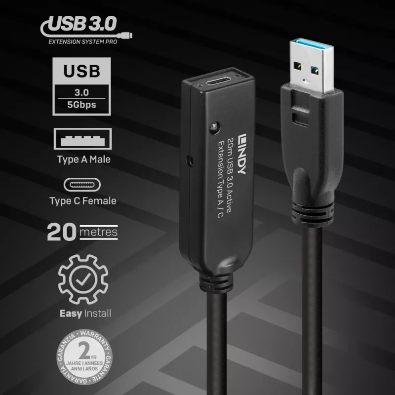Lindy 20 m USB 3.0 -aktiivijatkokaapeli Type A–C