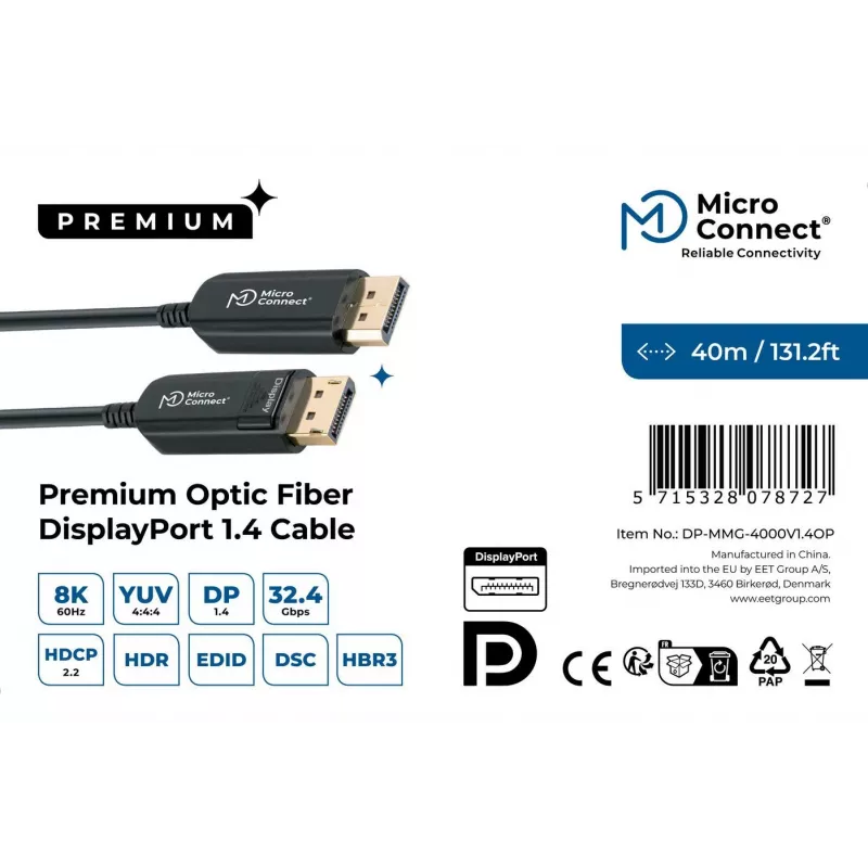 DisplayPort-kaapeli MicroConnect DP-MMG-4000V1.4OP — DisplayPort 1.4, tukee jopa 8K@60Hz